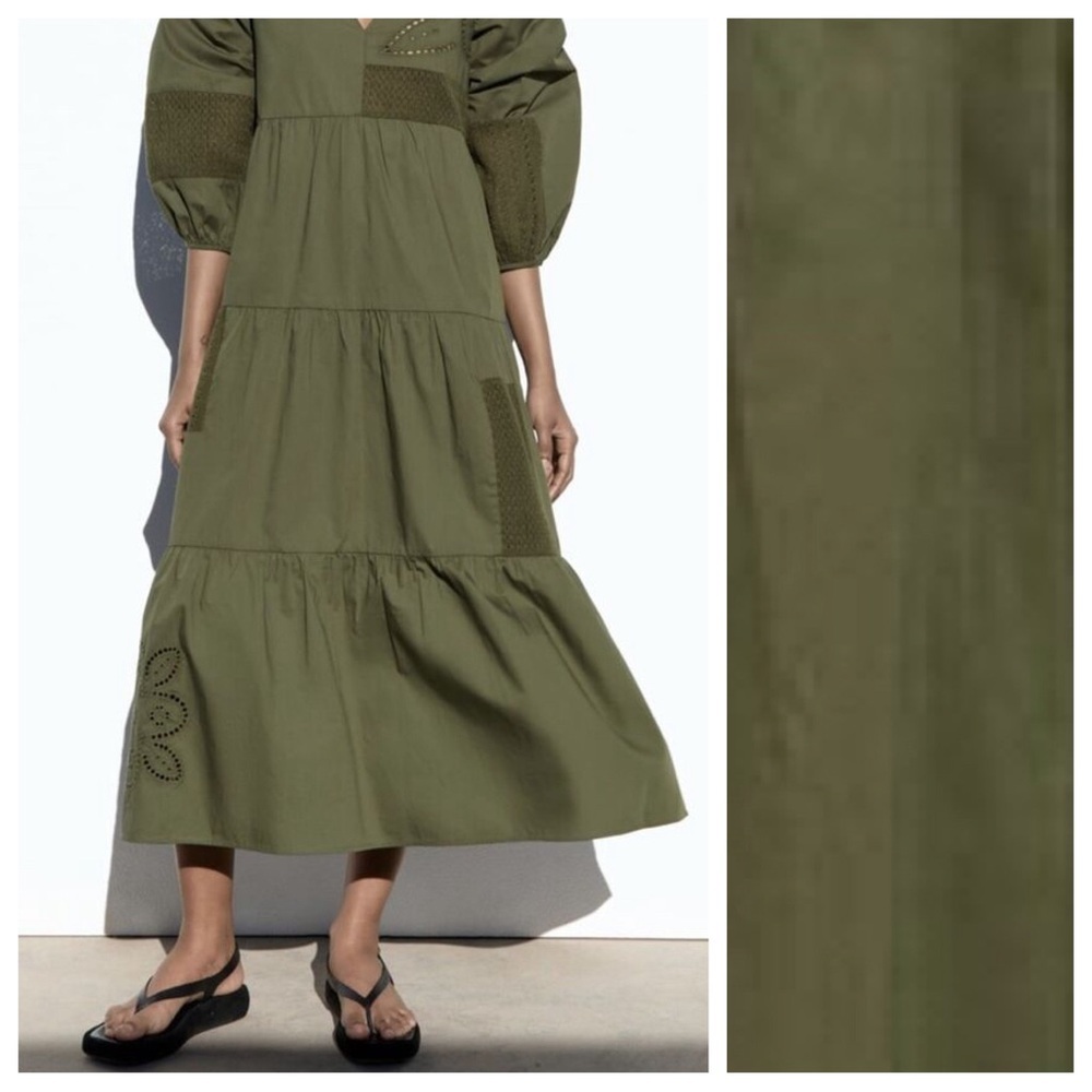 Zara Olive Patchwork V-Neck Tiered Midi Dress - Picture 6 of 16